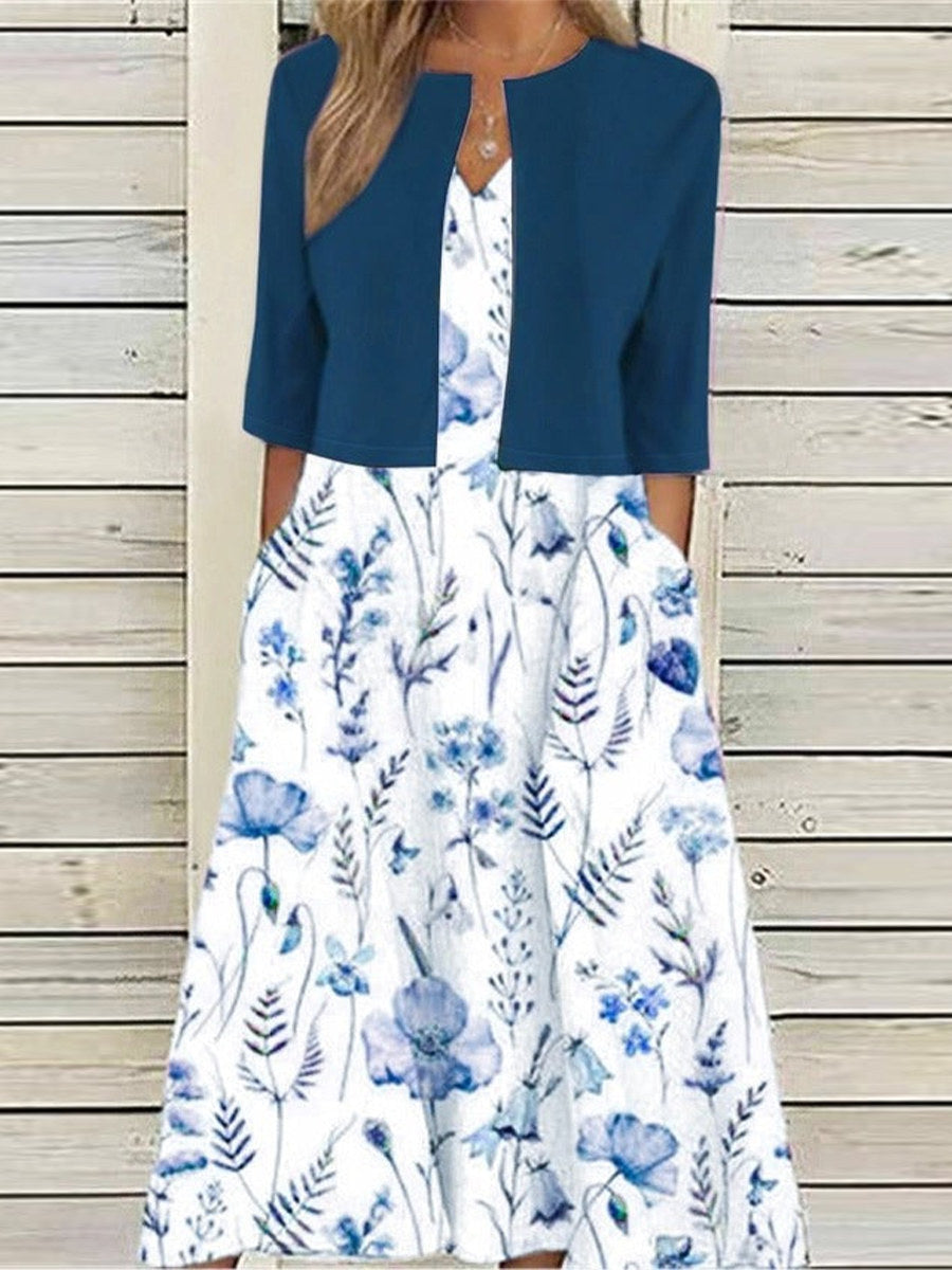 Casual Elegant Floral Printed V Neck Half Sleeve Two Piece Dress