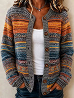 Women's Retro Colorful Striped Art Print Knit Crew Neck Long Sleeve Button Cardigan