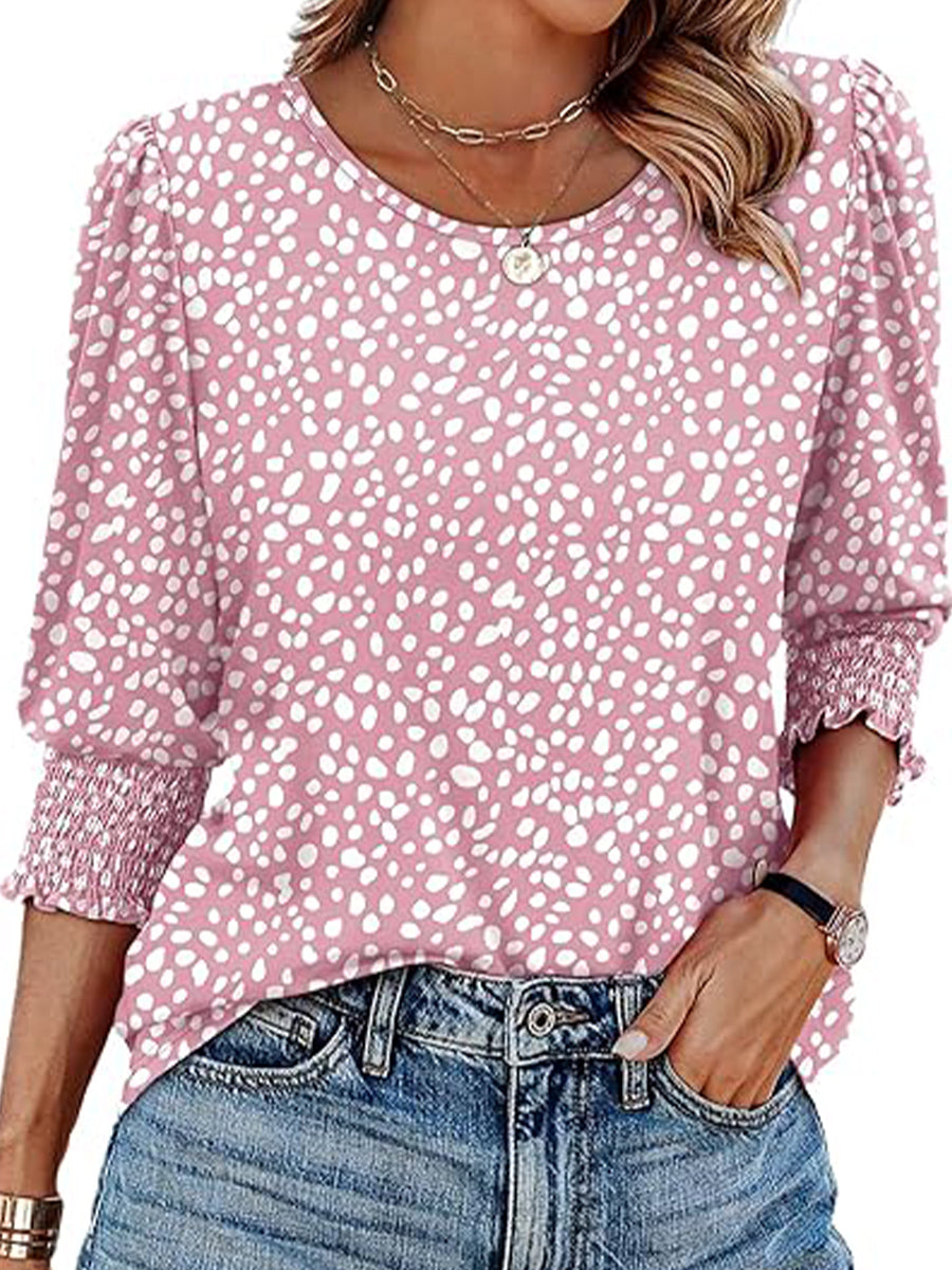 Casual Round Neck 3/4 Sleeve Polka Dot Printed Pink Blouse