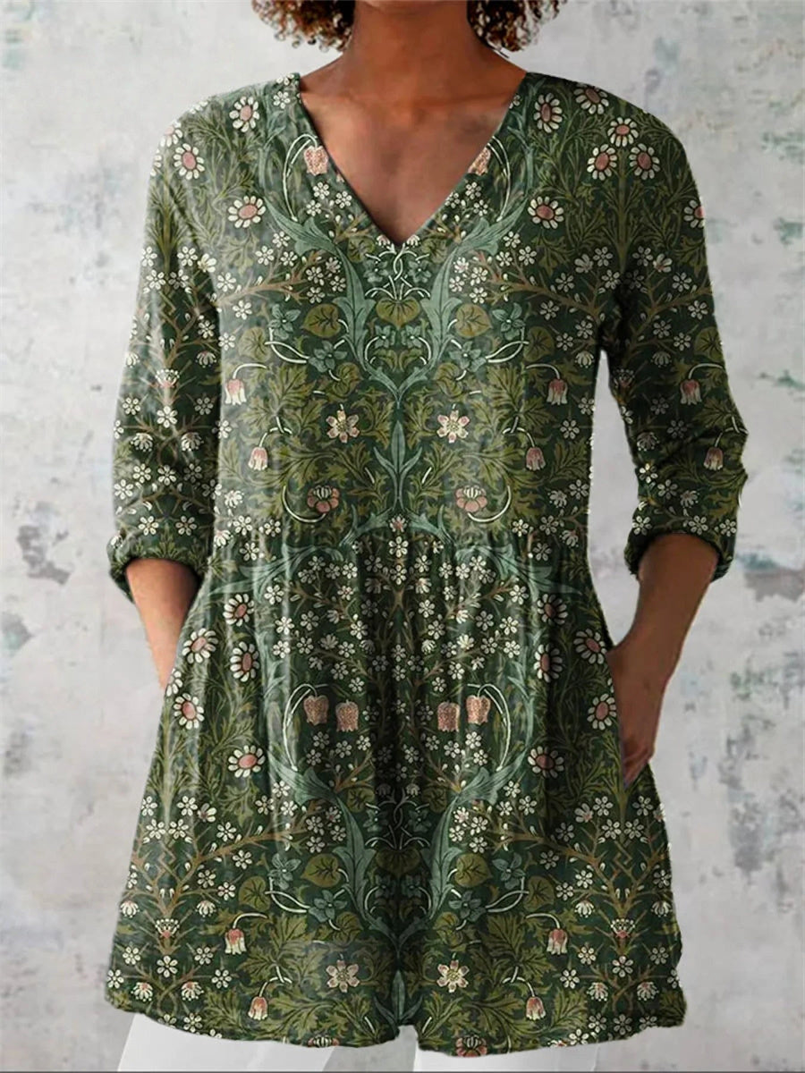 Women's Vintage Lovely Floral Art Print Casual V-Neck 3/4 Sleeve Shirt