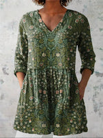 Women's Vintage Lovely Floral Art Print Casual V-Neck 3/4 Sleeve Shirt