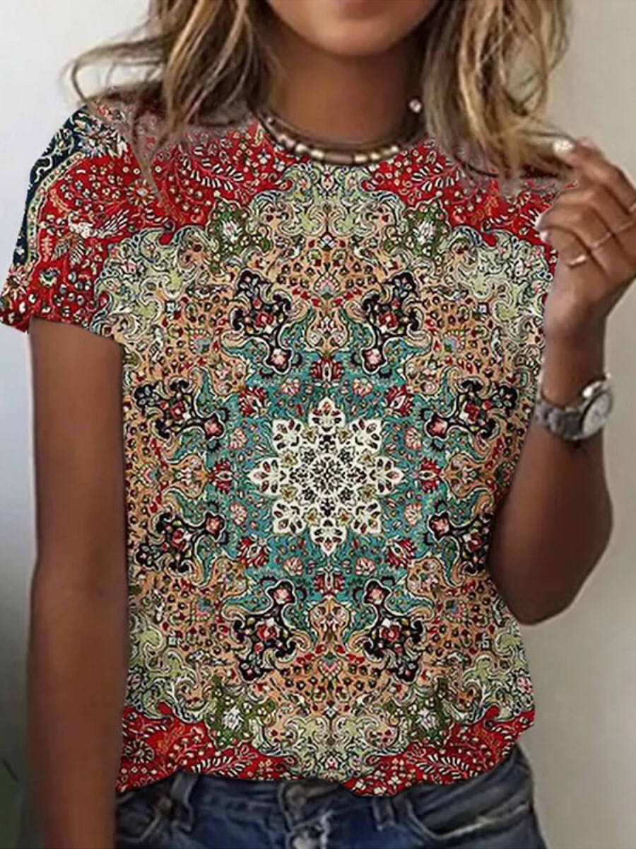 Casual Round Neck Short Sleeve Mandala Print T-shirt