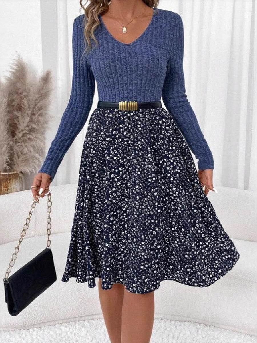 Blue Long Sleeve V-Neck Midi Dress
