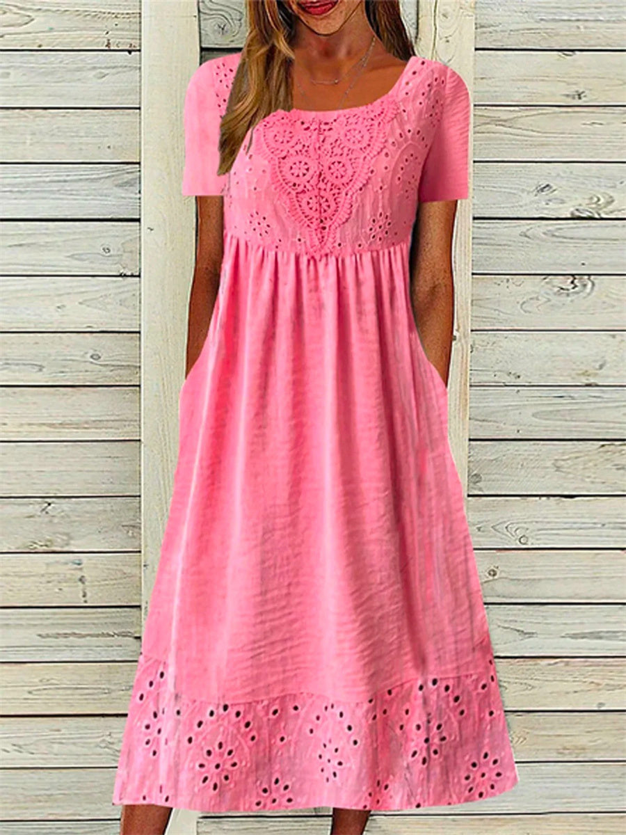 Casual Plain Crew Neck Short Sleeve Pink Maxi Dress