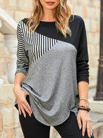 Black-grey Casual Round Neck Stripe Long Sleeve Sweatshirts