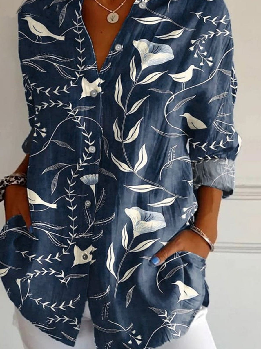 Floral Print Shirt Collar Long Sleeve Loose Shirt