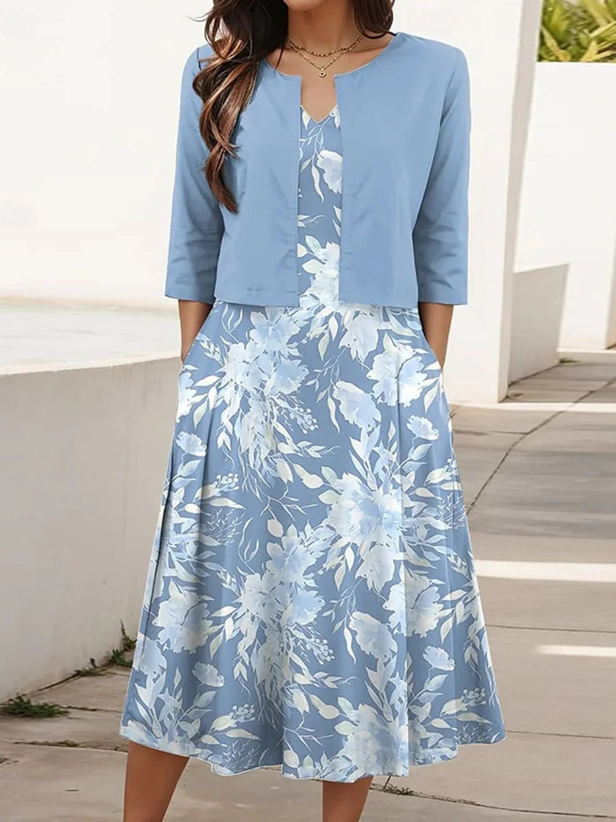 Blue Floral Print Midi Dress With Jacket