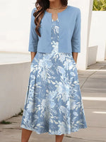 Blue Floral Print Midi Dress With Jacket