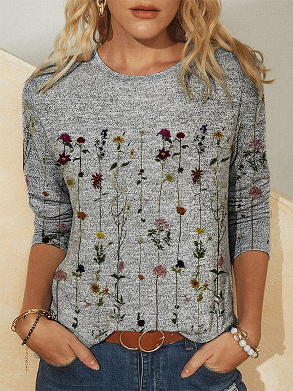 Gray Casual Round Neck Long Sleeve Floral Printed Sweatshirts