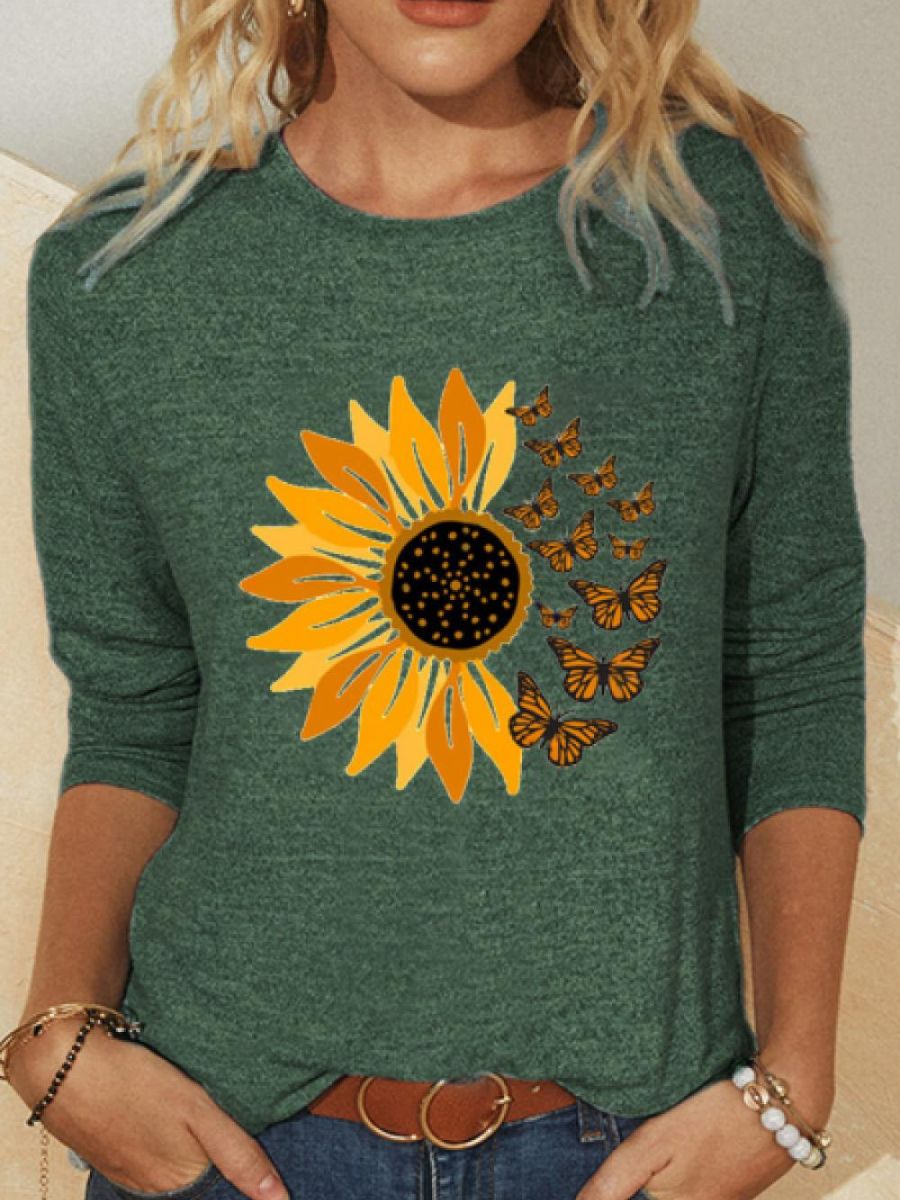Green Casual Round Neck Floral Printed Long Sleeve Sweatshirts
