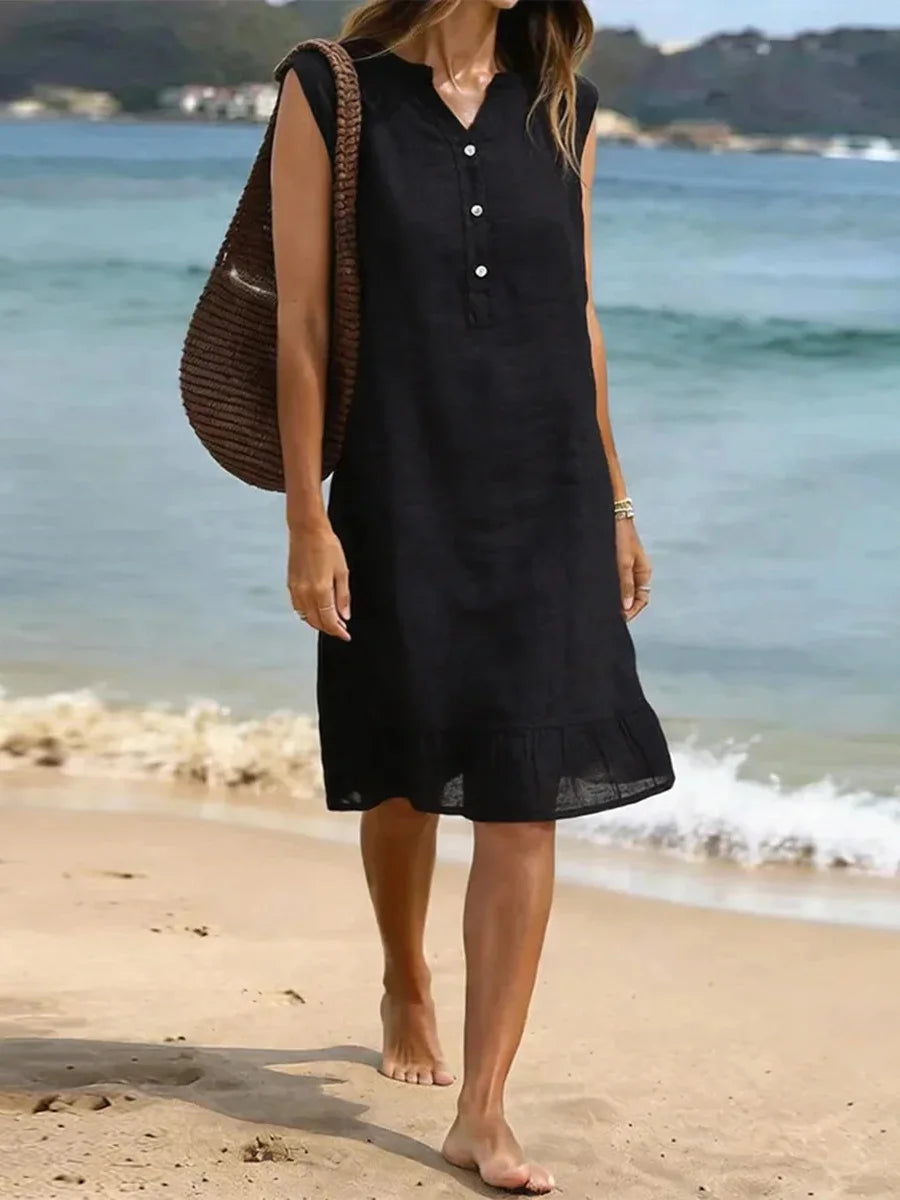 Black V-neck Sleeveless Ruffle Hem Dress