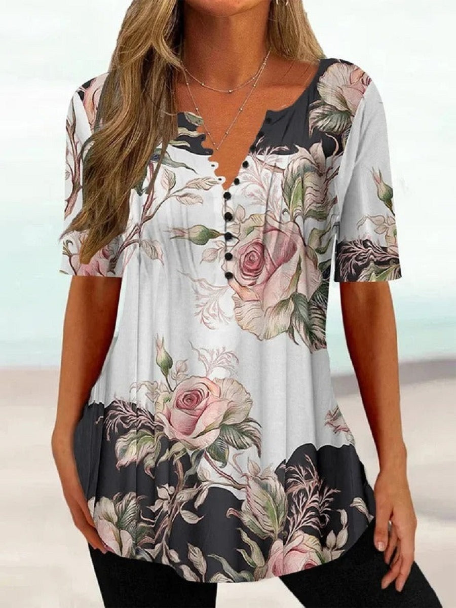 Multicolor Casual V Neck Floral Printed Short Sleeve Blouse