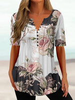 Multicolor Casual V Neck Floral Printed Short Sleeve Blouse