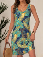Vintage Leaf Print Sleeveless Dress