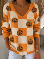 Women Color Block V-neck Long Sleeve Comfy Casual Sweater
