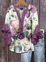 Vintage Floral Print V-neck 3/4 Sleeve Blouse