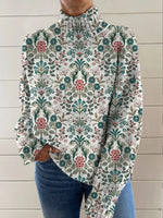 Vintage Ethnic Art Flower Print Long Sleeve Pullover Sweater