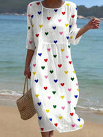 Chic Heart Print Round Neck 3/4 Sleeve Midi Dress
