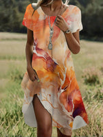 Vintage Gradient Print Round Neck Short Sleeve Dress