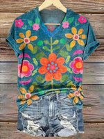 Vintage Floral Print V-neck Short Sleeve T-Shirt