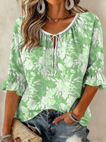 Green Floral Tie V Neck Ruffle 3/4 Sleeve Tunic