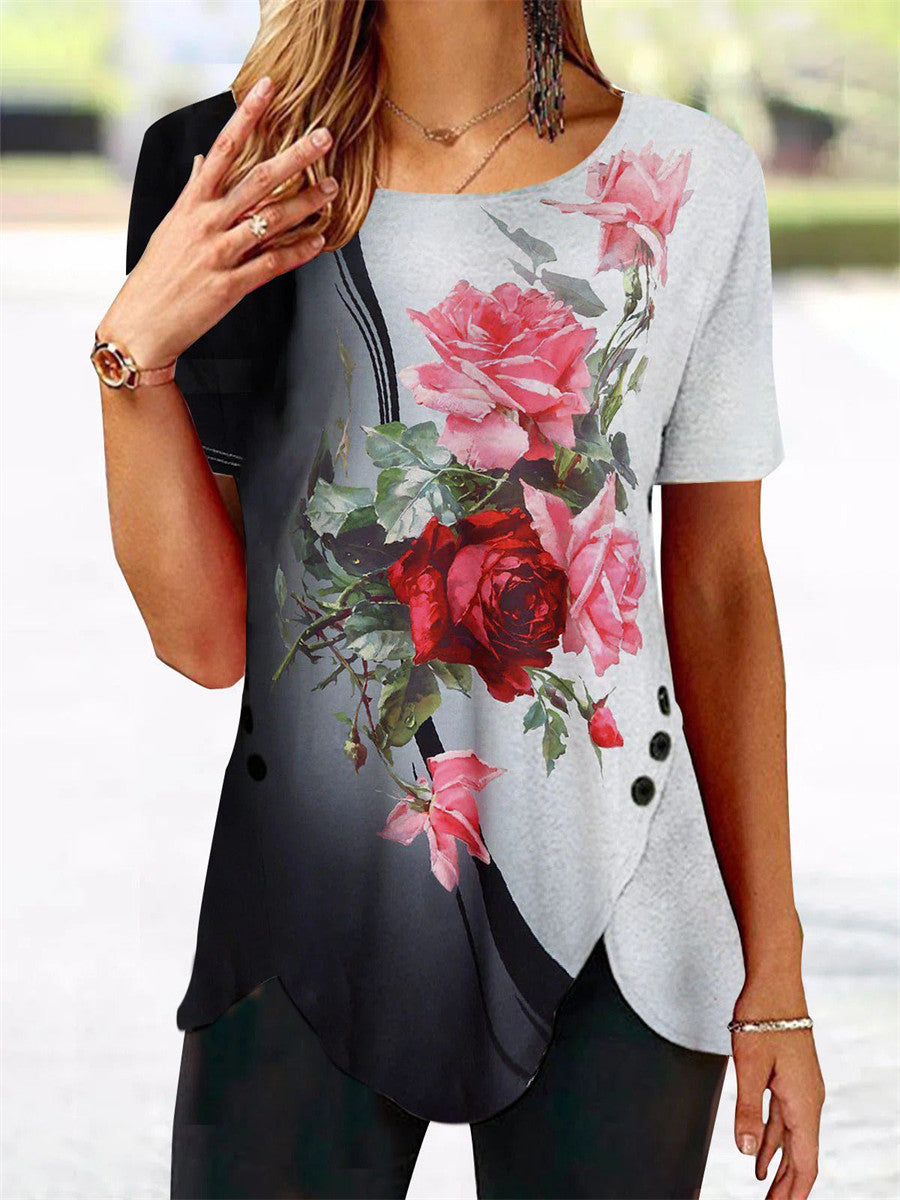 Women?ˉs Floral Color Block Short Sleeve Tunic Top With Side Buttons