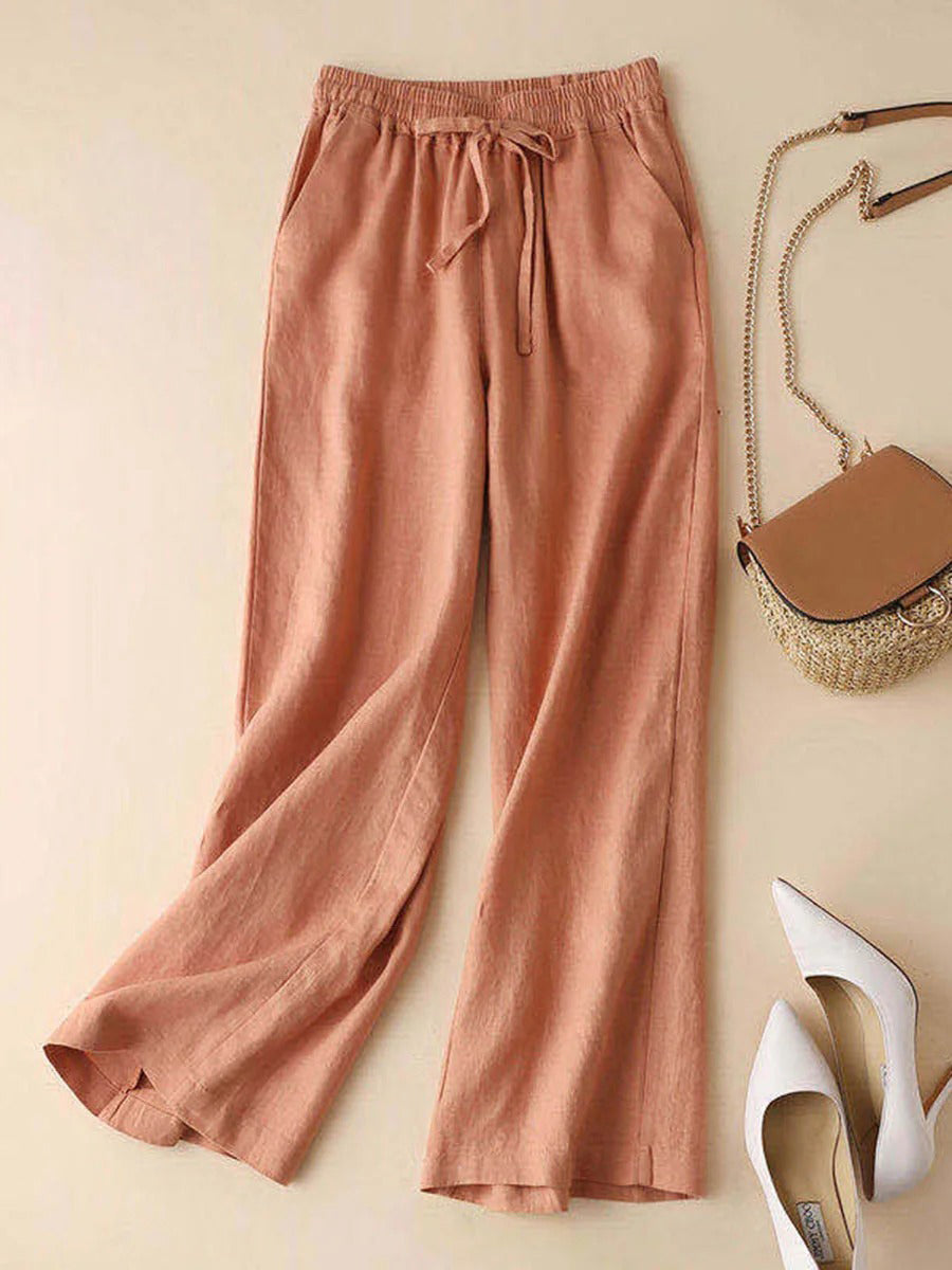 Orange Belted Loose Cotton And Linen Pants
