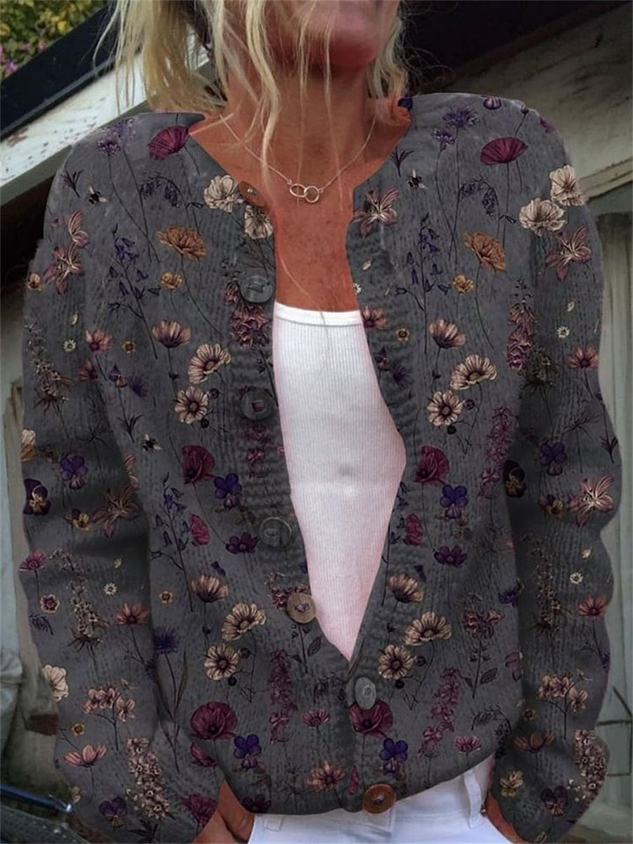 Floral Print Buttoned Long Sleeve Cardigan