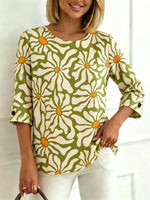 Green Abstract Floral Print Round Neck 3/4 Sleeve Top