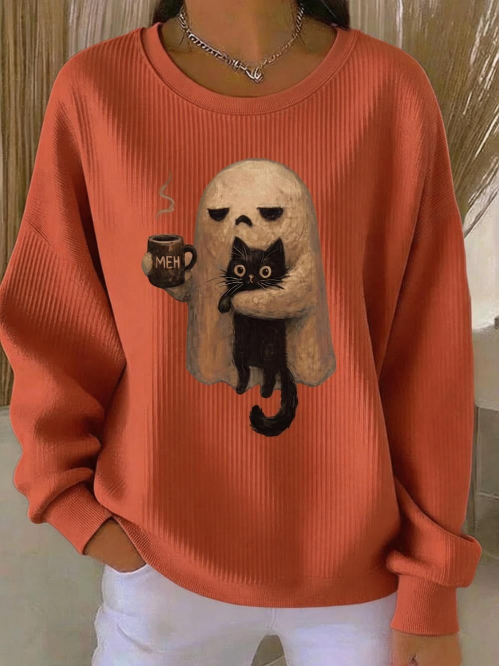 Halloween Ghost Hug Black Cat Coffee Print Ribbed Crew Neck Sweatshirt
