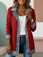 Casual Denim Patchwork Jacket With Collar For Women