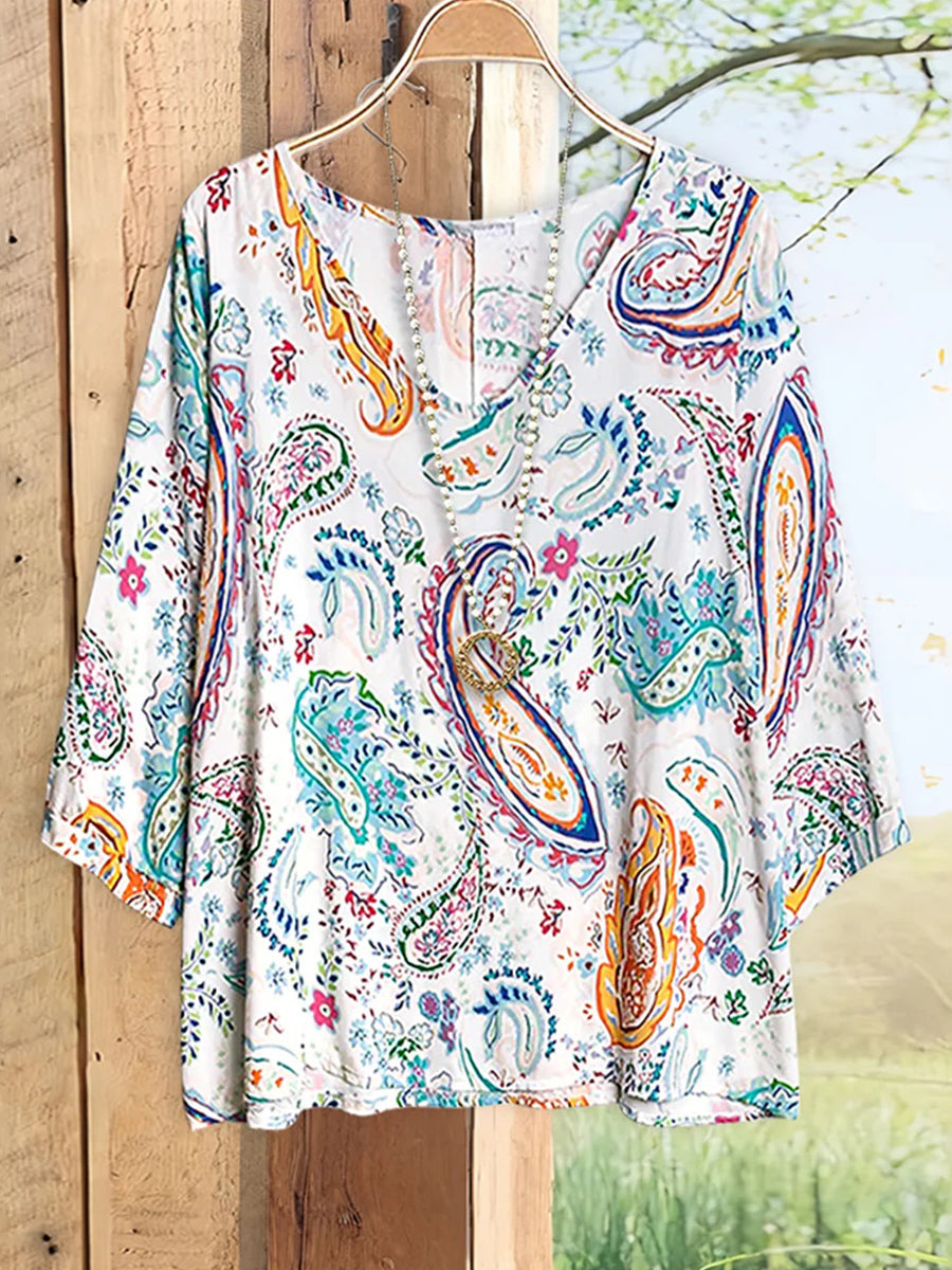 Trendy Paisley Print V-neck 3/4 Sleeve Top
