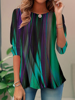 Women's Abstract Print 3/4 Sleeve Round Neck Loose Casual Blouse