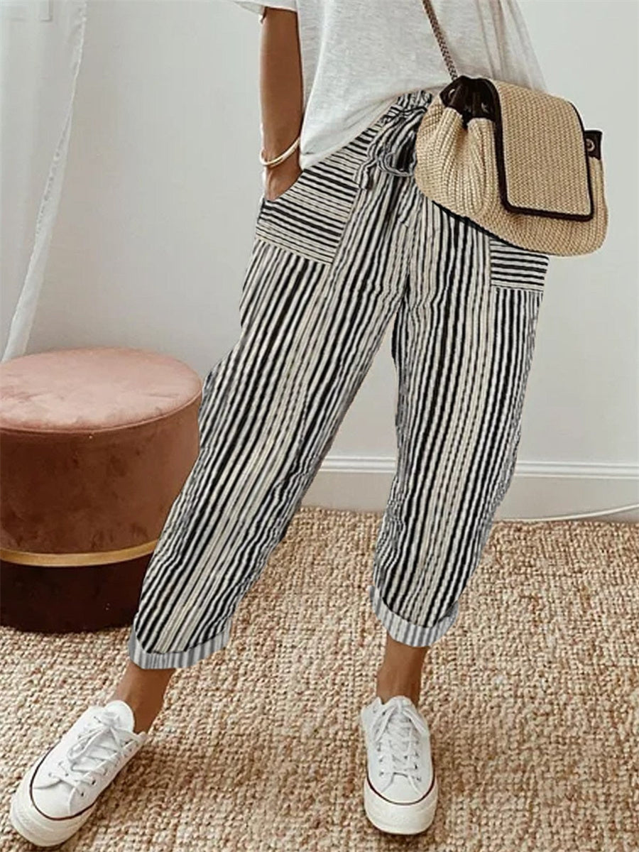 Cotton & Linen Abstract Stripes Loose Casual Pants
