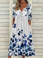 White Casual Round Neck Leaves Printed Short Sleeve Dresses
