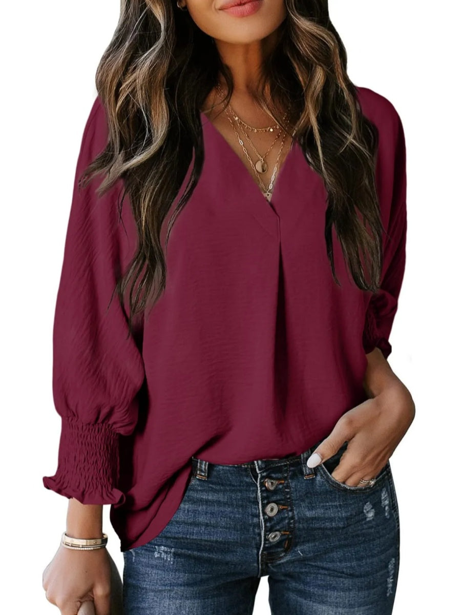 Casual 3/4 Sleeve V Neck Loose Fit Basic Tees