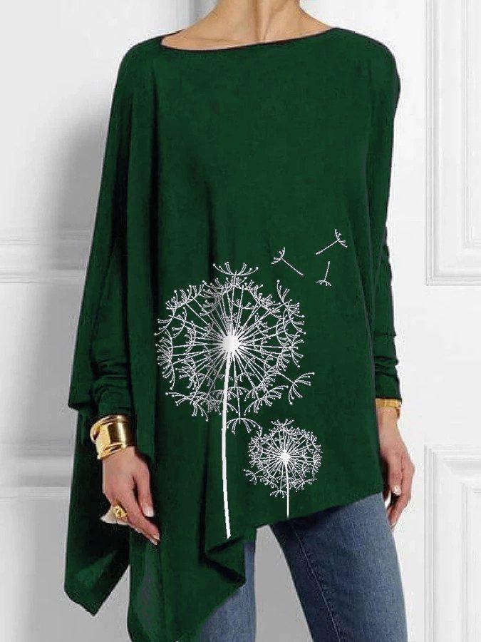 Dandelion Print Asymmetric Hem Loose Long Sleeve Casual Blouse