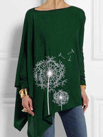 Dandelion Print Asymmetric Hem Loose Long Sleeve Casual Blouse