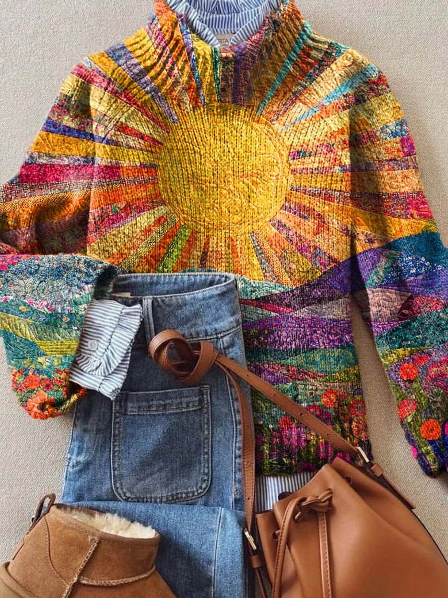 Bohemian Colorful Sun Floral Print Round Neck Long Sleeve Casual Sweater