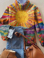 Bohemian Colorful Sun Floral Print Round Neck Long Sleeve Casual Sweater
