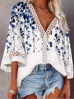 White Casual Graphic Tops V-neck Long Sleeve Flower Printed Blouse