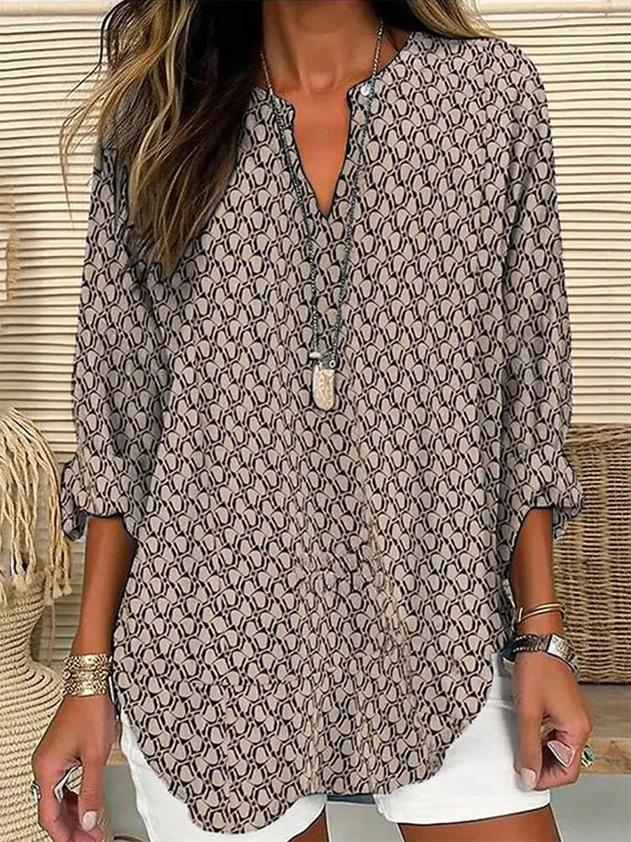 Women's Geometric Print Loose Fit Long Sleeve Blouse