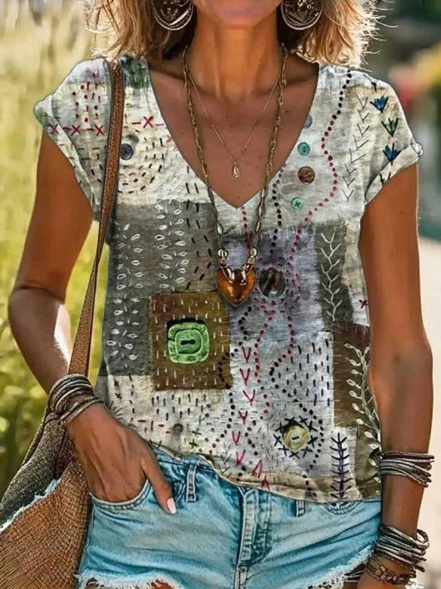 Vintage Abstract Print V-neck Short Sleeve T-Shirt
