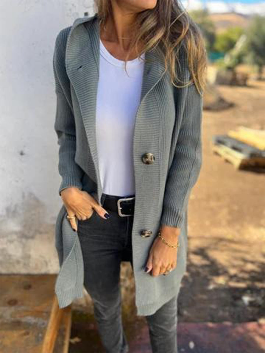 Solid Color PocketsHooded Knitted Jacket