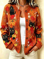 Women Cat Long Sleeve Comfy Vintage Printing Cardigan
