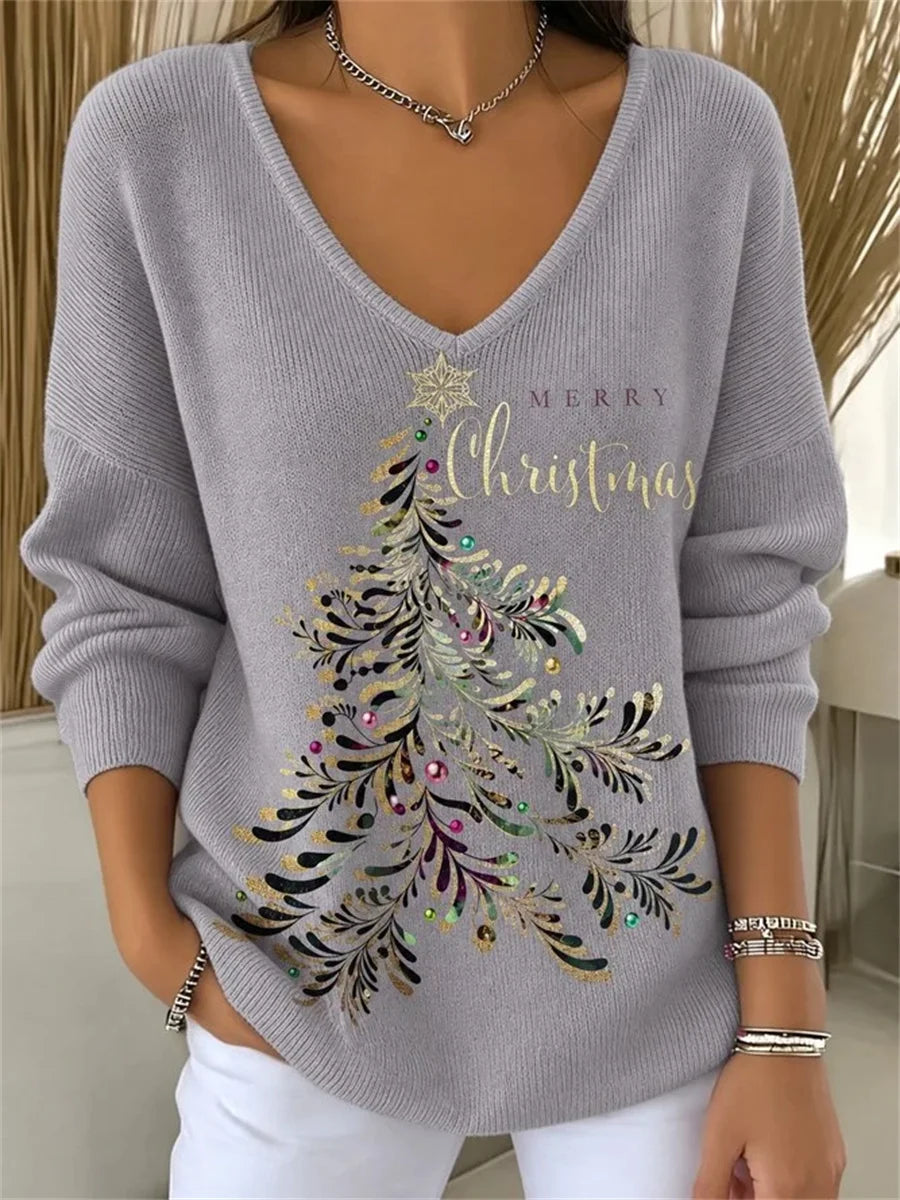 Women's Vintage Christmas Tree V Neck Long Sleeve Sweater