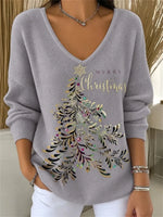 Women's Vintage Christmas Tree V Neck Long Sleeve Sweater