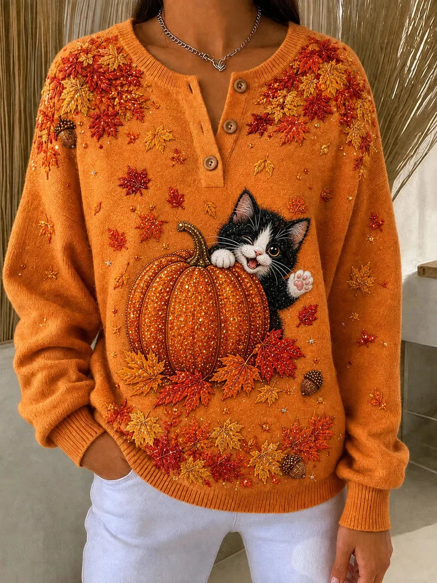 Casual Cat Crew Neck Long Sleeve Sweatshirt