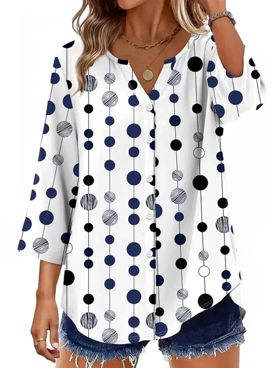 Blue Polka Dot V-neck 3/4 Sleeve Blouse