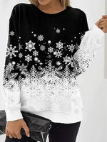 Black-white Casual Graphic Tops Round Neck Long Sleeve Snowflake Printed Xmas Sweatshirts